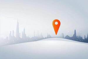 Location pin symbol on a snowy landscape with distant city skyline in winter setting photo