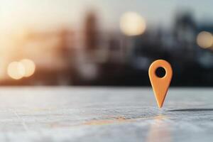 Location pin symbol on a snowy landscape with distant city skyline in winter setting photo