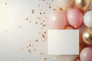 Celebratory decoration featuring pink and gold balloons with confetti on a blank background photo