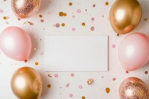 Celebratory decoration featuring pink and gold balloons with confetti on a blank background photo