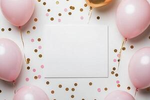 Celebratory decoration featuring pink and gold balloons with confetti on a blank background photo