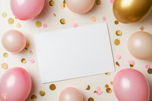 Celebratory decoration featuring pink and gold balloons with confetti on a blank background photo