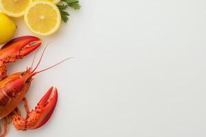 Fresh seafood display with lobster and citrus fruits on white background photo
