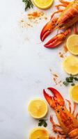 Fresh lobster with lemon slices and parsley on a bright kitchen counter photo