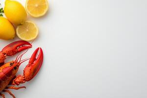 Fresh seafood display with lobster and citrus fruits on white background photo