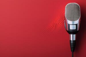 Classic microphone stands ready for performance on a vibrant red background photo