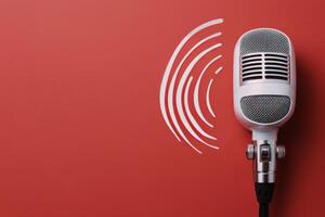 Classic microphone stands ready for performance on a vibrant red background photo