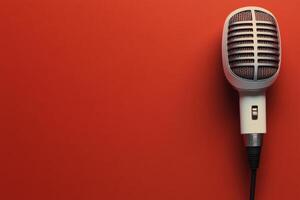 Classic microphone stands ready for performance on a vibrant red background photo