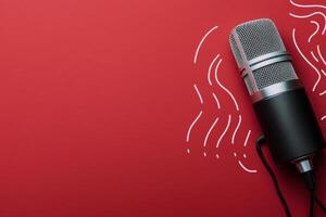 Classic microphone stands ready for performance on a vibrant red background photo