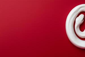 White snake curled on vibrant red background in a minimalist setting photo