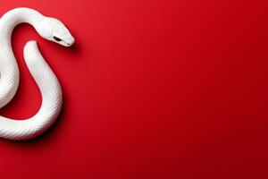 White snake curled on vibrant red background in a minimalist setting photo