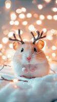 Cute hamster in festive antlers surrounded by soft lights during holiday season photo