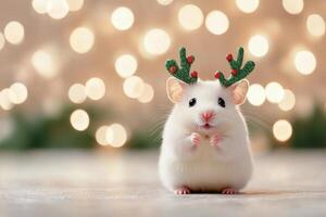 Cute white hamster wearing antlers in front of festive lights during winter season photo