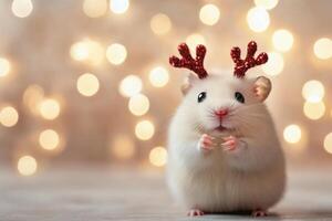 Cute white hamster wearing antlers in front of festive lights during winter season photo