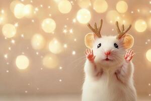 Cute white hamster wearing antlers in front of festive lights during winter season photo
