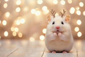 Cute white hamster wearing antlers in front of festive lights during winter season photo