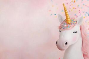 Magical unicorn stands proudly against a pastel backdrop with colorful confetti falling photo