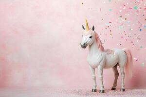 Magical unicorn stands proudly against a pastel backdrop with colorful confetti falling photo
