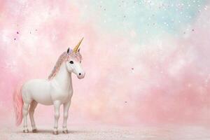 Magical unicorn stands proudly against a pastel backdrop with colorful confetti falling photo