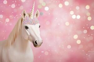 Magical unicorn stands proudly against a pastel backdrop with colorful confetti falling photo