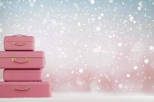 Colorful pink suitcases stacked on snow during a gentle snowfall in a winter landscape photo