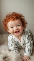 Happy baby with curly red hair smiling while playing indoors on soft blanket photo