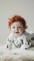 Happy baby with curly red hair smiling while playing indoors on soft blanket photo