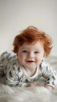Happy baby with curly red hair smiling while playing indoors on soft blanket photo