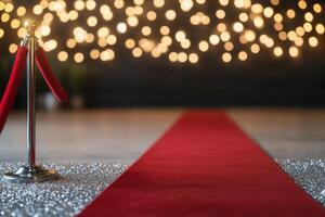 Elegant red carpet entrance with sparkling lights for a grand event celebration at night photo