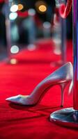 Silver high heel shoe on red carpet amidst sparkling lights at an event photo
