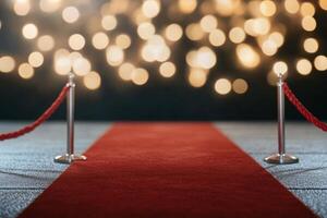 Elegant red carpet entrance with sparkling lights for a grand event celebration at night photo