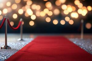 Elegant red carpet entrance with sparkling lights for a grand event celebration at night photo