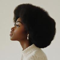 Model showcases natural hairstyle in profile against simple background during a studio shoot photo