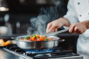 Cooking colorful vegetables in a stainless steel pan over a gas flame in a modern kitchen photo