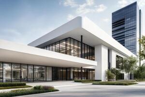 Modern architecture of a healthcare facility with staff walking in a landscaped area photo