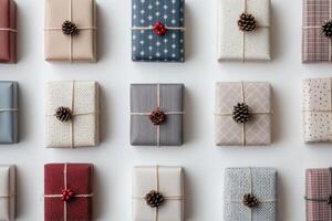 Beautifully wrapped holiday gifts arranged neatly on a white surface with pine cones photo