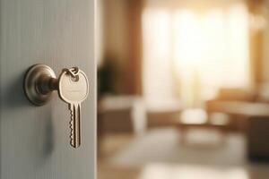 Key in door lock with blurred interior background showing cozy living space photo