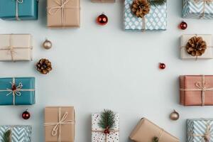 Beautifully wrapped holiday gifts arranged neatly on a white surface with pine cones photo