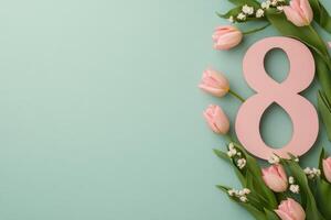 Decorative arrangement of pink tulips alongside a number eight on a light turquoise background photo