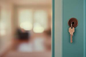 Key in door lock with blurred interior background showing cozy living space photo