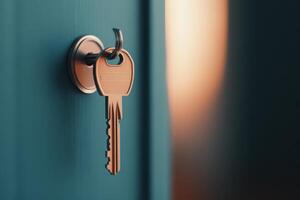 Key in door lock with blurred interior background showing cozy living space photo