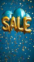Balloons with sale message and confetti create festive atmosphere for special promotion photo
