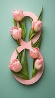 Floral arrangement of pink tulips shaped like the number eight on a pastel background photo