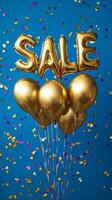 Balloons with sale message and confetti create festive atmosphere for special promotion photo