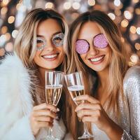 Two friends celebrating with sparkling drinks and festive attire in a joyful atmosphere photo