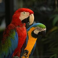 two colorful parrots are sitting on a branch photo