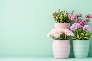 Vibrant potted plants arranged against a soft green wall for a fresh indoor look photo