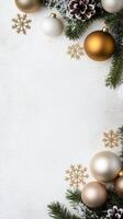 Festive decorations with gold and silver ornaments on a light winter background photo