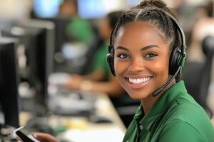 Support agent assisting customers with a warm smile in a modern office environment photo