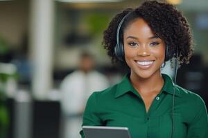 Support agent assisting customers with a warm smile in a modern office environment photo